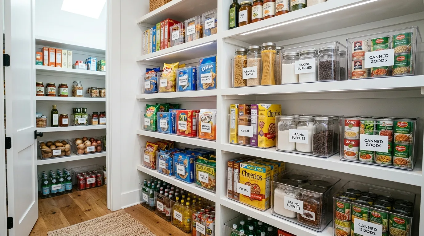 Kitchen pantry organized with clear storage bins